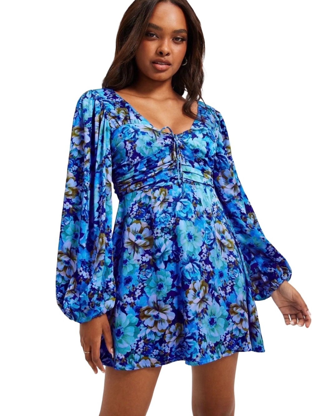 NWTS For Love and Lemons Astor Floral Long Sleeve Mini dress - Blue - Size XS